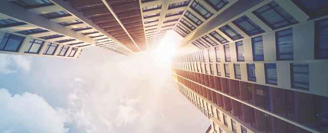 Upward view of skyscrapers