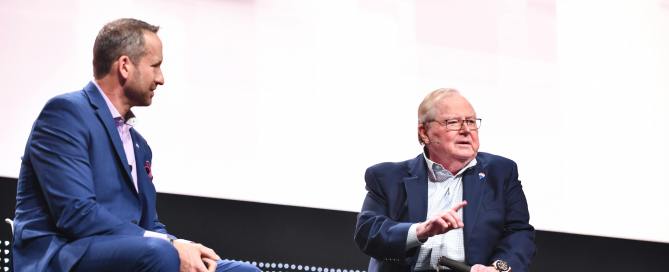 RE/MAX CEO Adam Contos speaks with RE/MAX Co-Founder Dave Liniger during the 2020 R4 Opening General Session