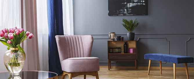 Living room with pink and blue accents