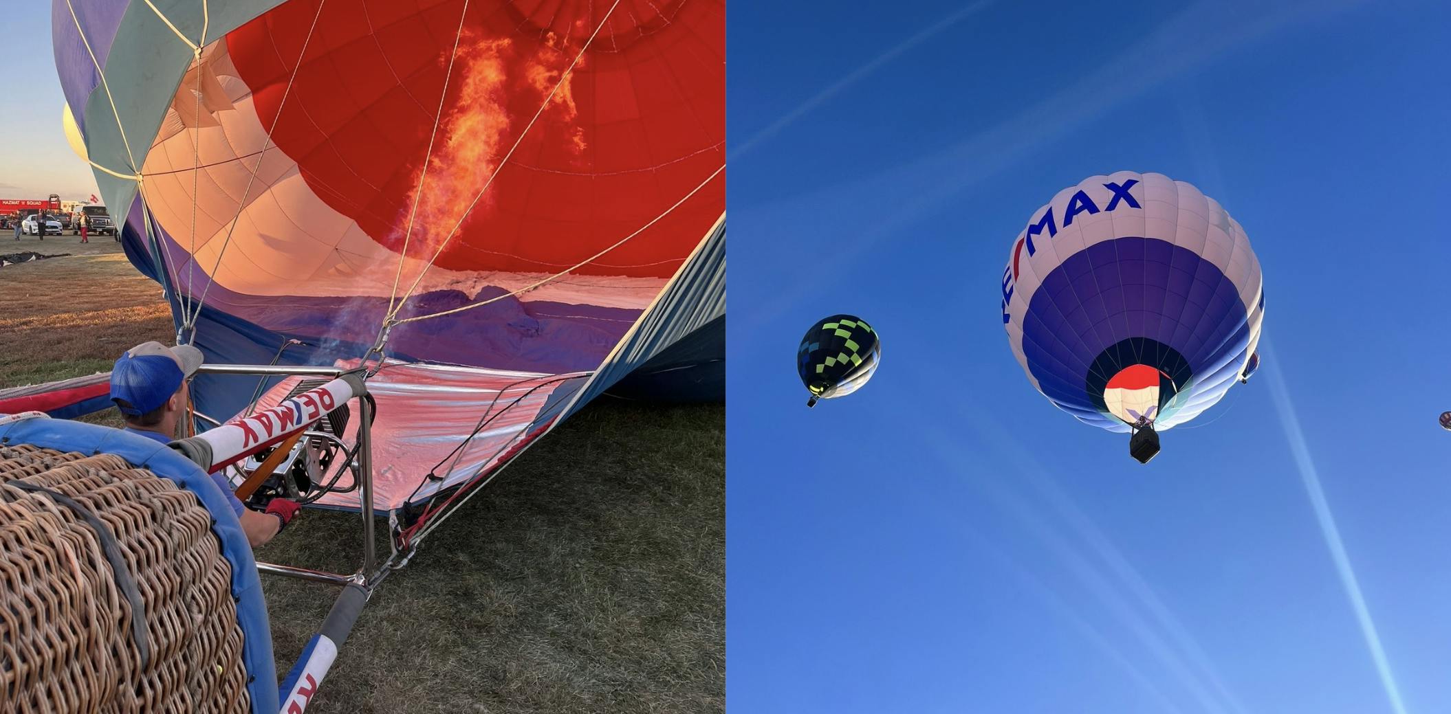 Two photos side by side: one of the RE/MAX hot air balloon being blown up, and the other of the RE/MAX hot air balloon flying in the sky