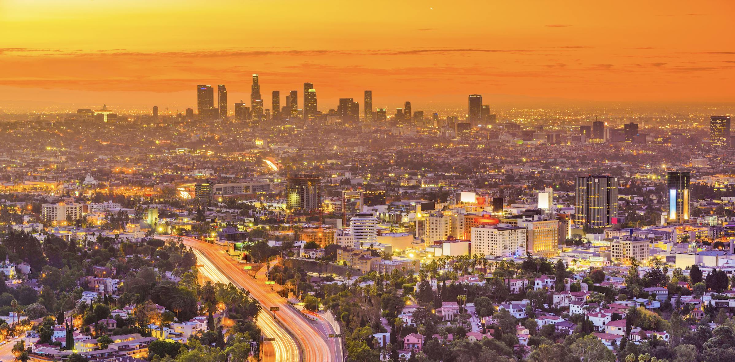 Skyline of Los Angeles, California, during sunset.