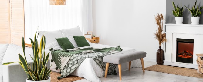 Bedroom with green accents and plants