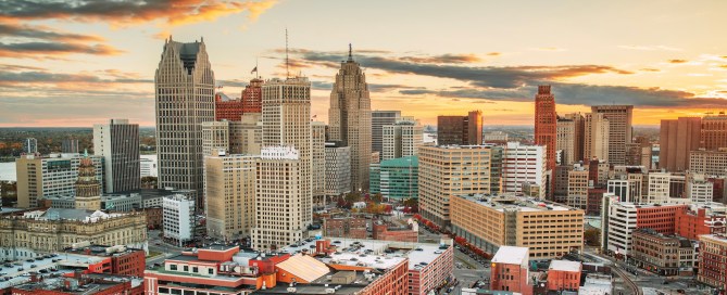 Skyline of Detroit, Michigan, which is one of the metro areas where a 3% down payment was under $9K in November 2024.