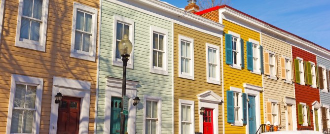 Colorful townhomes in the Georgetown neighborhood of Washington, D.C.