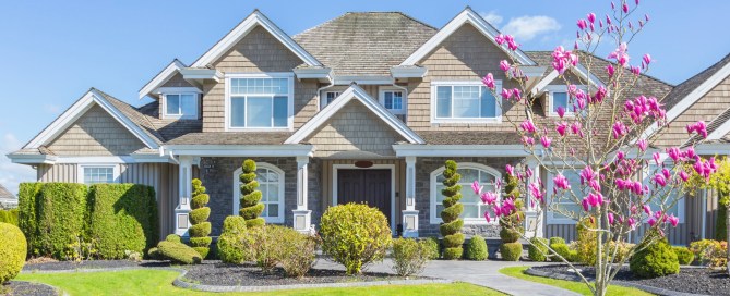 Grey house with green grass and a tree with pink flowers. Springtime